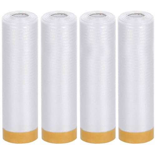 HRJZF 4 rollos de 2,4 m x 20 m, rollos de película de enmascaramiento con cinta autoadhesiva, lámina de polvo de plástico, película de enmascaramiento precintada para pintura y decoración de cubierta