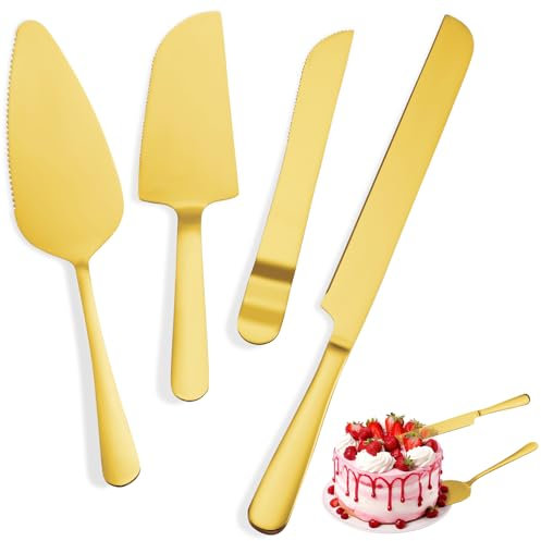 4 Pcs Gold Cake Cutting Set, Premium Cake Cutter & Pie Server Set for Wedding, Thickened Stainless Steel Cake Knife and Server with Rounded Edges, Pie Server Spatula Birthday Christmas Gift
