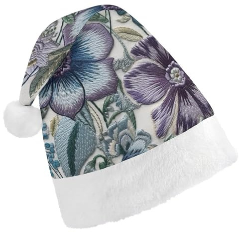 JKLQWH Weihnachtsmütze, Weihnachtsmütze, Partyhut mit blau-violetten Blumen, Weihnachtsmannmütze für Erwachsene, Uni, klassische Weihnachtsmannmütze, extra dick, Wintermütze, Neujahr, festliche