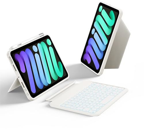 HOU Tastatur Hülle für iPad mini 7/6, Ultradünne Klapptastatur, Magnetische Befestigung, Multi-Winkel-Einstellung, Rundum-Schutzhülle, Funktionstasten, 7 Farben Hintergrundbeleuchtung, QWERTZ