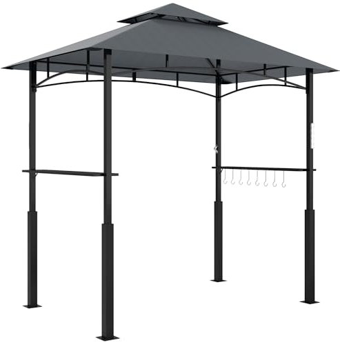 Outsunny Grillpavillon mit LED 243 x 148 x 248 cm wasserdicht flammhemmend Gartenpavillon mit Doppeldach,Seitenregalen, Gartenlauben mit UV-Schutz, BBQ Pavillon aus Metall Grillzelt für Party BBQ Grau