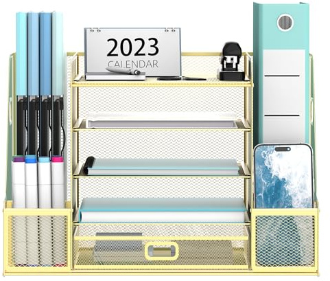 SUPEASY Gitter - Schreibtischorganizer mit Dateienhalter, 5 - Schichten - Papier - und Briefkastenträger mit Magazinehalter, Schreibtischorganizer und -lagerung mit Schublade, Gold