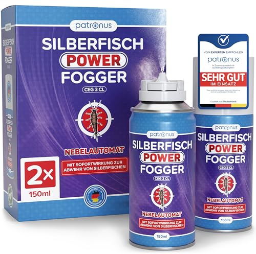 Patronus Silberfisch Power Fogger mit maximaler Sofortwirkung [2x 150 ml] | effektiver Vernebler zur Abwehr von Papier- und Silberfischen, ideal für kleine Silberfisch-Verstecke
