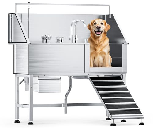Dog Washing Station,Professional 56 Stainless Steel Dog Bathing Station for Large Dog Height Adjustable Dog Wash Station for Home Dog Grooming Tub With Drawer, Floor Grate & Fauct (Right Ramp)