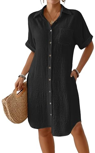 Bsubseach Womens Swimsuit Cover Up Long Button Down Bathing Suit Cover Ups Short Sleeve Summer Beach Shirt Dresses for Women with Pockets Black S