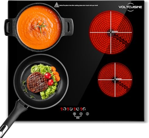 VoltCuisine 24 Electric Ceramic Radiant Cooktop, 6000W Built-in 4 Burner Stove Top with 9 Heat Levels, Timer & Child Safety Lock, Hard-Wearing Glass Surface (220–240V)
