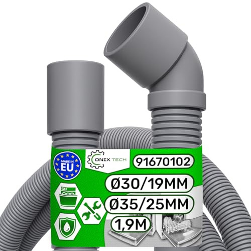 Tuyau Evacuation Lave Vaisselle Universel 1,9 m Interne Ø 30/19 mm Extérieur Ø 35/25 mm Droit et Angulaire 45° avec le Code Original 91670102 pour Candy - MADE IN EU - Garantie de 5 Ans - ONIX TECH