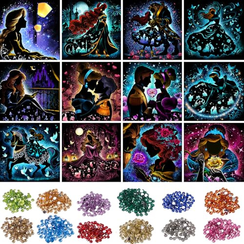 KEYRANKE Diamond Painting 12 Stück Diamond Painting Kit Erwachsene-Prinzessin Diamant Bider Diamond Bilder Set Malen nach Zahlen Wohnzimmer Bilder Für Weihnachtsges-chenk 30x30cm