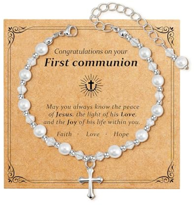 TELAIN First Communion Gifts for Girls - Pearl Cross Bracelet for Girls, Baptism, Confirmation, Christening Gifts for Teenager, Granddaughter, Daughter, Niece