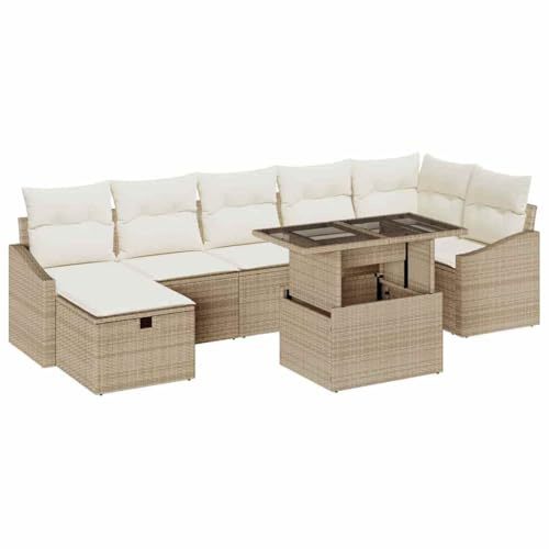 vidaXL Garten-Sofa-Set mit Kissen mit Speicher 8 pcs Beige Poly Rattan, Garten und Terrasse, modernes Outdoor-Möbelset, robuster Rattan-Sofa, UV-beständig, modulares & funktionales Design