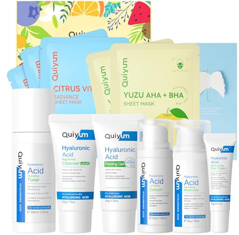 QUIYUM Coffret de 11 soins à l’acide hyaluronique - Nettoyant, exfoliant, tonique, sérum, crème yeux, crème hydratante, masque hydratant - Idée cadeau pour femme (Skincare Set Kit)
