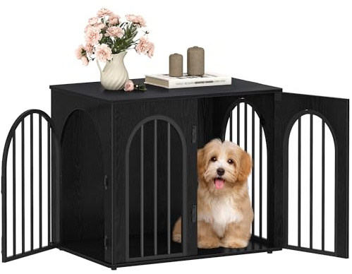 Hzuaneri 68 cm Cage pour Chiens, Table d'Appoint, Niche Moderne pour Chiens Intérieur, Cage pour Chiots, Maisonnette pour Animaux, 3 Portes, Porte arquée, 68 x 49 x 56 cm, Noire DFC85504B