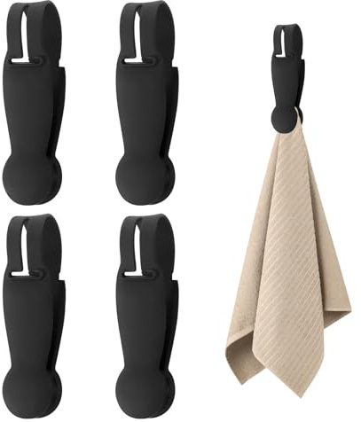 Pack of 4 Magnetic Towel Clips, Silicone Towel Clips, Robust Lightweight Black Magnetic Towel Holder, Silicone Loop Towel Clips for Shelves, Kitchens, Bathroom Accessories