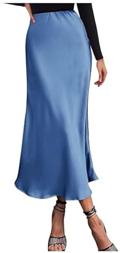 Faldas universitarias Falda elegante de cintura alta para mujer, vestido de satén sólido, falda elegante con cintura elástica hebillas, azul, M