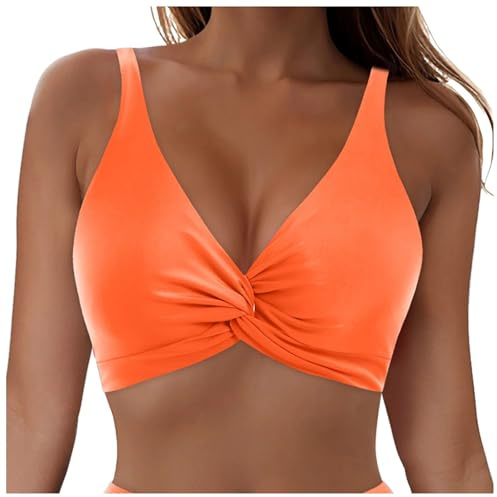 Sportbikini für Damen, Bikini Oberteil für Damen Bustier Push Up V Ausschnitt Bikinioberteil Große Brüste Badebekleidung Sexy BH Einzeln Träger Sportlich Bikinitop, Orange, XXL