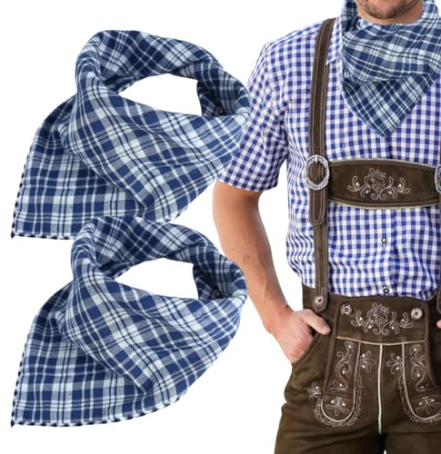 OUDQFCJ 2 PCS Pañuelo tradicional, ideal como pañuelo de cuello, para Oktoberfest y fiestas de trajes típicos (Azul), estampado a cuadros, pañuelo para cabeza o brazo