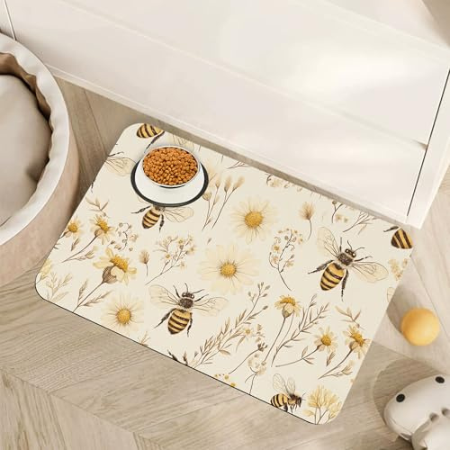Bees Boho Daisy Floral Dog Food Mat for Floors,Absorbent Pet Food and Water Bowl Mats,Non-Slip Pet Feeding Mat,Pet Supplies 16 x 24