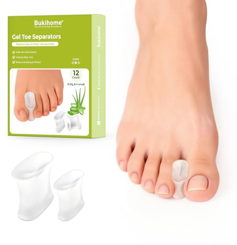 Bukihome Gel Toe Separators,12 Pack Toe Spacers for Bunion, Corns & Overlapping Toes, Bunion Corrector for Men and Women, Bunion Correction,Large+Small Size