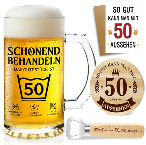 50 Geburtstag Männer Bierkrug 0,5 L mit Flaschenöffner und Holzuntersetzer | Personalisierte Biergläse Geschenk 50. Geburtstag Mann, Geburtstagsgeschenke für Männer Papa Ehemann Opa Freund Kollegen