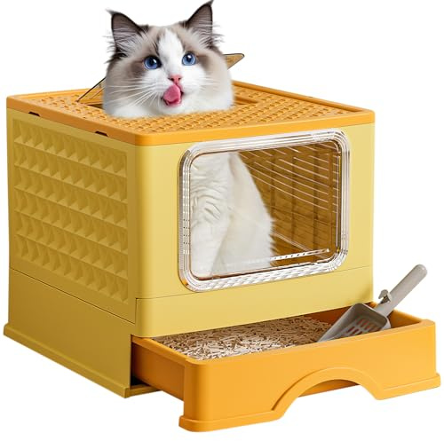 BJNN Cat Litter Tray Box with Lid, Cat Litter Box, Covered Litter Box with Free Scoop, Slide-Out Tray Easy Cleaning, Odour Control, Anti-Leaking, Yellow