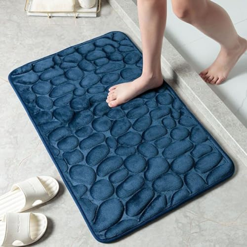 Alfombrilla de baño de espuma viscoelástica con parte inferior antideslizante y diseño de alfombra de guijarros, tapete absorbente adecuado para inodoro, dormitorio y sala de estar (azul oscuro)