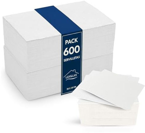 Serviettes Cocktail Biodégradables, Paquet de 600 unités 10 x 10cm pliées, serviettes papier micropoint modernes et rustiques pour vos occasions spéciales 20 x 20 ouvertes – LAN&LAN (Blanc)