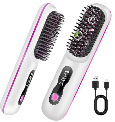 OSDUE Cepillo Alisador Pelo, 4 Temperaturas 140°C-200°C Cepillo Plancha Ionico inalámbrico Profesional Peine Portátil con Calefacción para Alisa tu Cabello, sin Frizz,Anti-Escaldamiento,Pantalla LED A