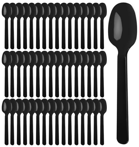 SINJEUN 300 PCS Mini Dessert Spoons, 10 cm Small Black Plastic Spoon Lightweight Reusable Teaspoons for Party, New Year, Dessert House