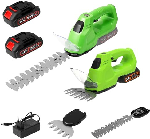 Heckenschere Akku, Elektrische Grasschere mit 2 x Messern, 21V Rasentrimmer mit 2 * 2,0Ah Akku und Typ C Kabel, Heckenschere Elektrische 90° Verstellbarer Kopf 130mm&220mm für Garten, Hof und Rasen