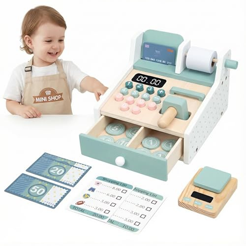 [Ellniges] Registrierkasse für Kinder - hölzerne Digitale Display Spielzeug Kinder Kasse, Finanzmanagementspiel Haus frühes Lernen für Wohnzimmer, Schlafzimmer Holzregistrierkasse Set Set Clean Toy