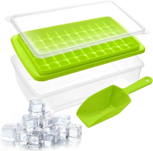 Silicone Ice Cube Tray with Lid, Bin and Scoop, BPA-Free, Stackable, No-Spill, Easy Release, Large Mould Maker for Cocktails and Whisky