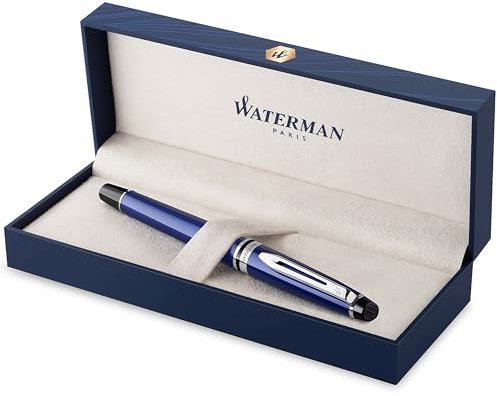 Waterman Expert Tintenroller | blau mit Chromzierteilen| feine Spitze | Schwarz | Geschenkbox