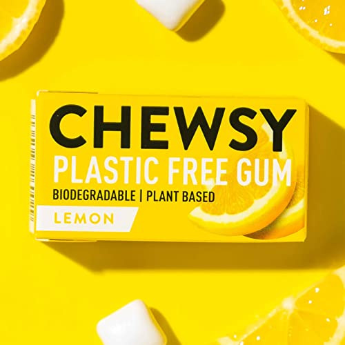 Chewsy Lemon Plastic Free Gum | Plant Based | Sugar Free | Aspartame-Free | Xylitol | Tooth Friendly | Vegan | Biodegradable | Natural Chewing Gum 12 Packs