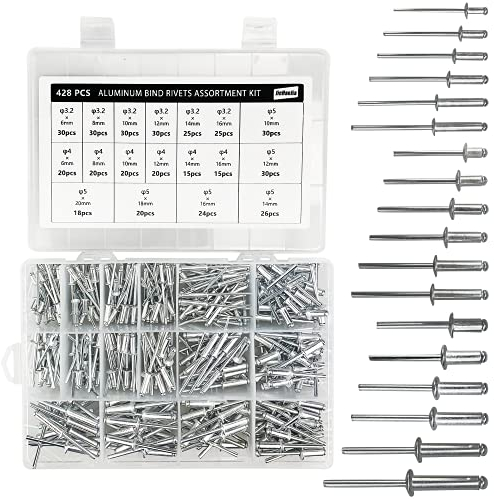Rivetti ciechi in lega di alluminio, 428 pezzi, rivetti pop, rivetti in alluminio, kit assortito di 18 misure, con scatola portaoggetti, per scaffali, rimorchi, navi