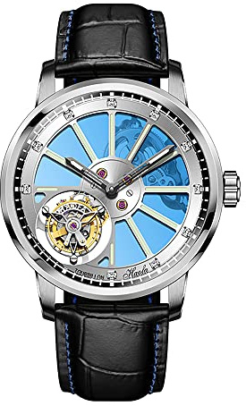 Haofa Flying Tourbillon Uhren für Herren Luxus-Doppelskelett-Uhrwerk Saphir leuchtende Diamantskala Manuelle mechanische Armbanduhr Leichte Business-Uhr 1925A Silber Blau