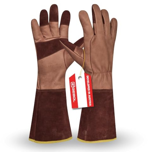 Gebol Ilex | 1 paire | Taille M (taille 8) | Gants de jardinage en cuir véritable robuste | avec longue manchette idéale pour les roses et les épines | pour homme/femme | marron