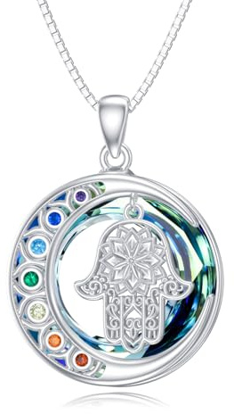 enjoylifecreative Collar de cristal de 7 chakras Plata de ley 925 Collar con colgante de flor de loto de la diosa de la luna triple Chakra Lotus Triple Moon Joyería Regalos para mujeres y niñas