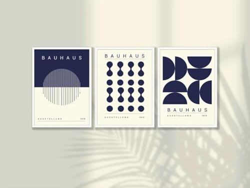 KemneT Blaue Bauhaus-Grafiklinie Leinwandgemälde minimalistische Wand Bilder Mid-Century Modern Poster Kunstdrucke Bild Wohnzimmer Heimdekoration 50 x 70 cm x 3 ungerahmt