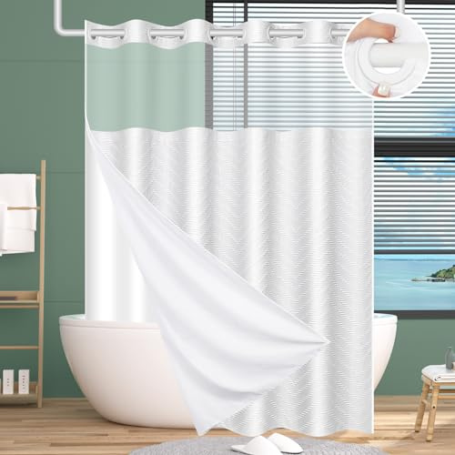 FADOTY No Hook Shower Curtain and Snap in Liner Set White Tufted Chevron Striped Cloth Waterproof Washable Fabric Boho Bath Curtain with See Through Mesh Top Window for Bathroom Hotel 71 x 74