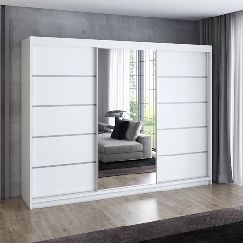 A&J MöbelLand Schwebetürenschrank VILUNO 1 Kleiderschrank 3-türig 200 cm mit Spiegel, 4 Schubladen & 2 Kleiderstangen, Geräumiger Schlafzimmerschrank (Weiß)