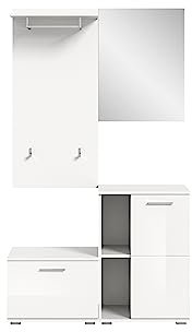 furnling Garderobenkombination Prieto, Garderoben-Set 4-teilig aus Garderobenpaneel, Wandspiegel, Schuhkommode, Sitzbank, FSC Zertifiziert, Garderoben Komplettprogramm, Garderobenmöbel, weiß