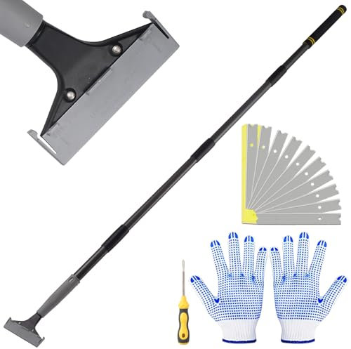 Frebuta Floor Scraper Heavy Duty ,16 to 61In Kitchen Stovetop Scraper Long Handle 4 inch Razor Blade Scraper with 10PC Floor Blades Sponge Handle Iron Tube Scraper for Cleaning