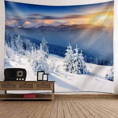 Musihy Wandbehang Wandteppich | Polyester Schneebedeckte Berglandschaft bei Sonnenaufgang Wanddeko für Schlafzimmer Wohnzimmer | Blau Weiß, 300x256cm