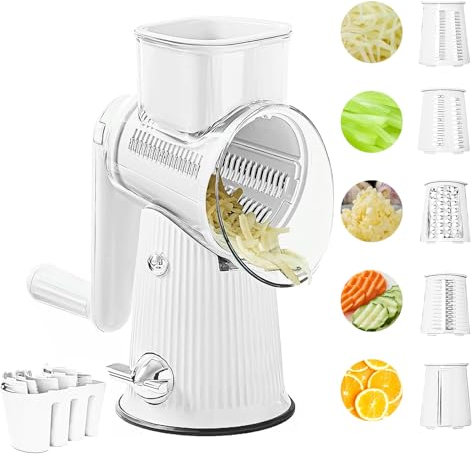 AVEKI 5 in 1 Cheese Grater with Blade Storage Box, Rotary Hand Crank Food Chopper with 5 Group Stainless Blades, Manual Food Grater for Cutting Fruits & Vegetable, Kitchen Essentials (White)