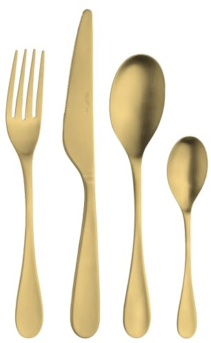 Pintinox - Drop set di Posate da Tavola per 6 persone, 24 pezzi in Acciaio nickel free finitura Oro Satin: 6 forchette, 6 cucchiai, 6 coltelli, 6 cucchiaini da tè, Lavabili in lavastoviglie, Gold