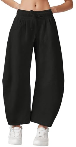 Wyeysyt Women's Barrel Leg Sweatpants Elastic Waistband Drawstring Wide Leg Pants Baggy Cotton Palazzo Pants with Pockets, Black, M