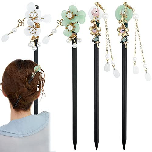 Hair Sticks, 4 Stück Haarstab Haarstäbchen Haarnadel Japanisch, Holz Vintage Chinesischer Haarschmuck Schmetterlingsblume Perlenverzierung, Passend Für Damen Und Mädchen Mit Langem Haar (A)