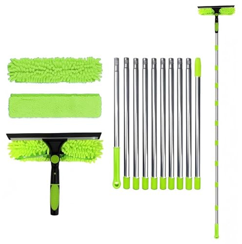 DSXVJHD Window Cleaning Kit, 4.5m Extendable Window Cleaning Equipment, 2 in 1 Extra Long Telescopic Window Cleaning Pole with Squeegee, 2 Microfiber Cloths for Home, Cars, Walls (Green)