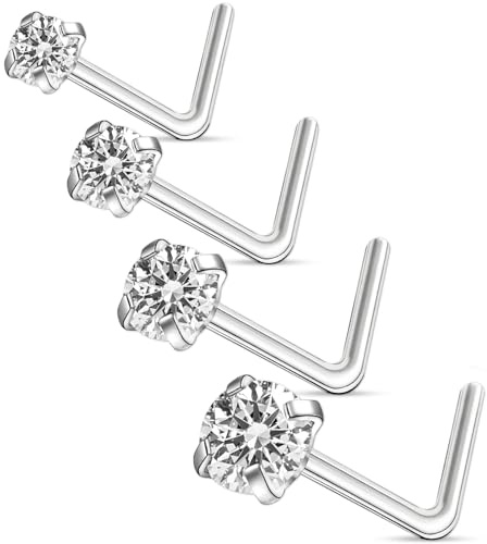 MOXYOY 4Pcs Nose Studs, 20G 1.5mm 2mm 2.5mm 3mm L Shape Nose Rings, 316L Surgical Stainless Steel Nose Piercing Jewellery for Women Men Gift