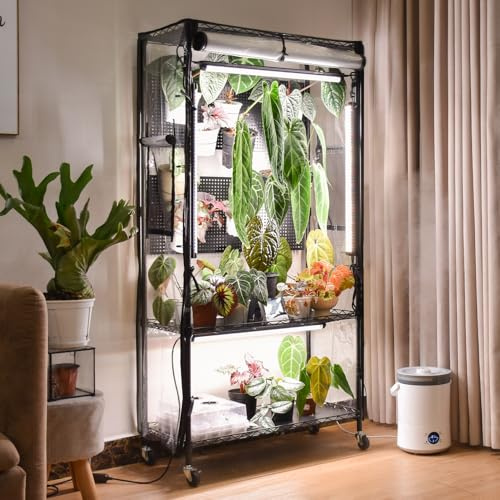 Bstrip Invernadero interior con luz de crecimiento y tablero de clavijas, mini casa verde con estante ajustable y ruedas, 4 tiras de luz de crecimiento de espectro completo de 24 W para plantas de